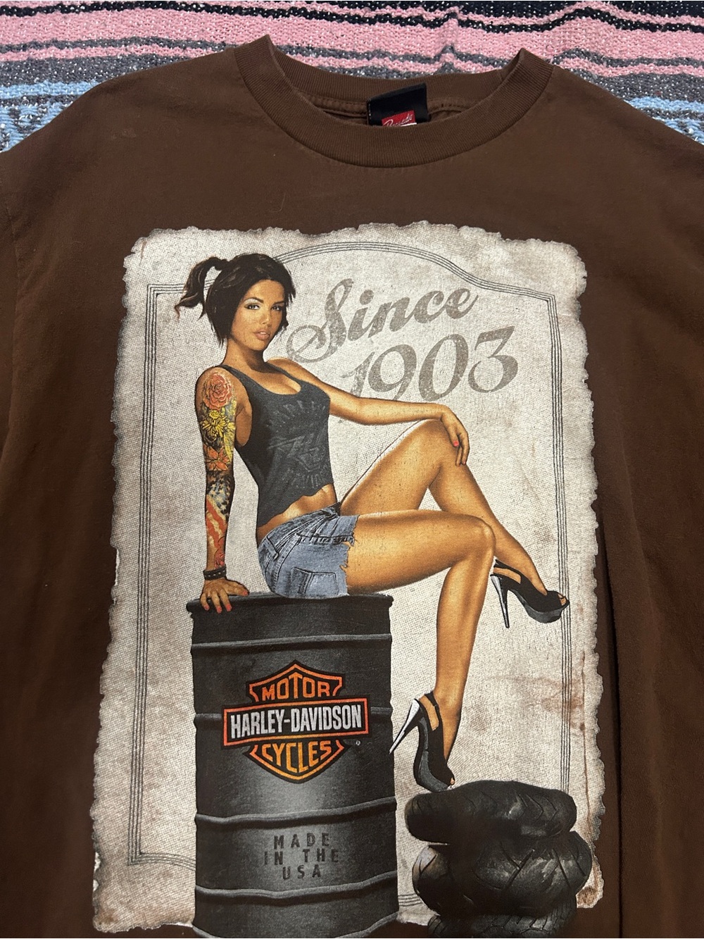 Harley-Davidson Brown Tee with Pinup Barrel Graphic